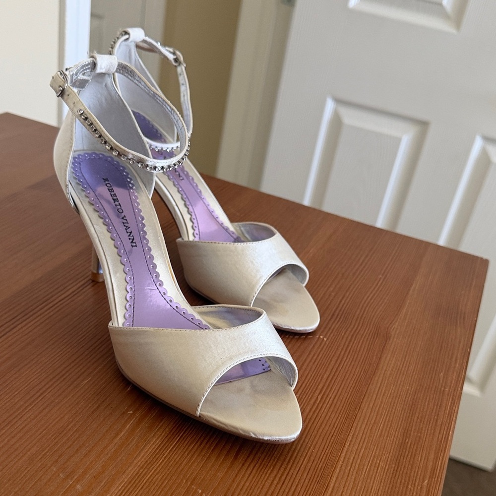 Cream Satin Rhinestone Ankle Strap Heels